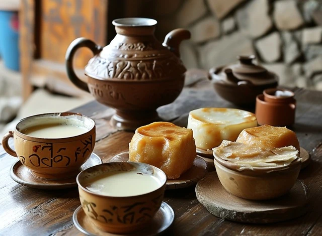 Tibetan tea with butter pastries — scenic food photograph in China